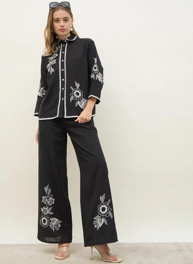 ستايلي طقم قميص بأكمام طويلة مطرز وبنطلون واسع الساق